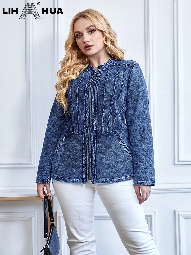 LIH HUA Women's Plus Size Denim Jacket Autumn Chic Elegant Jacket For Chubby Women Round Neck Knitted Cotton Jacket