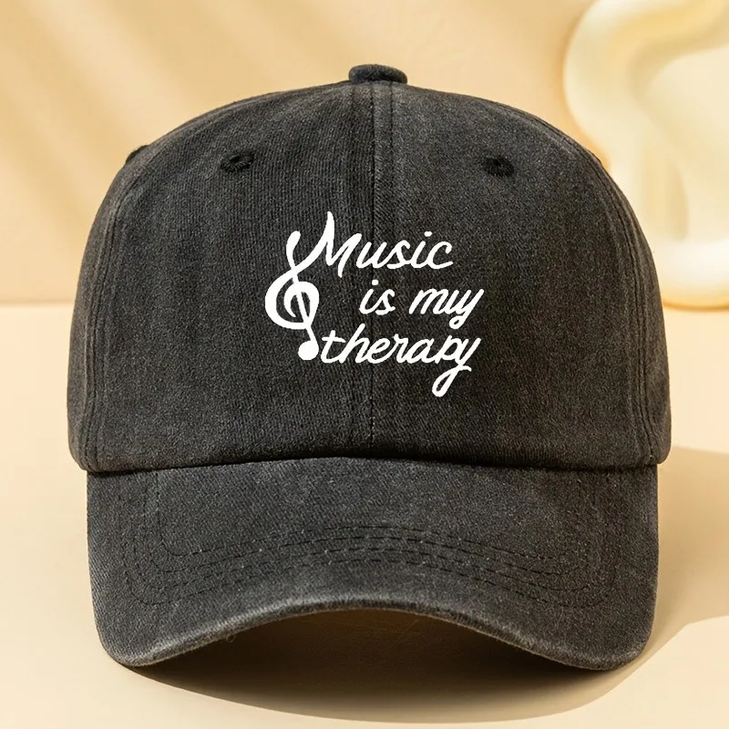 Music Is My Therapy Graphic Baseball Cap Vintage Washed Cotton Casual Outdoor Adjustable Hat