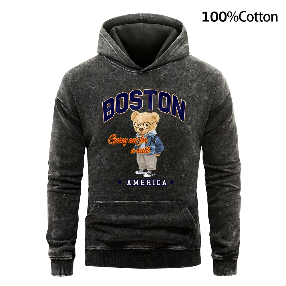 Boston Doll Bear Going Out For Awalk America Man Hoodie Cotton Pullover Loose Fleece Washed Hoody Autumn Vintage Casual tops 