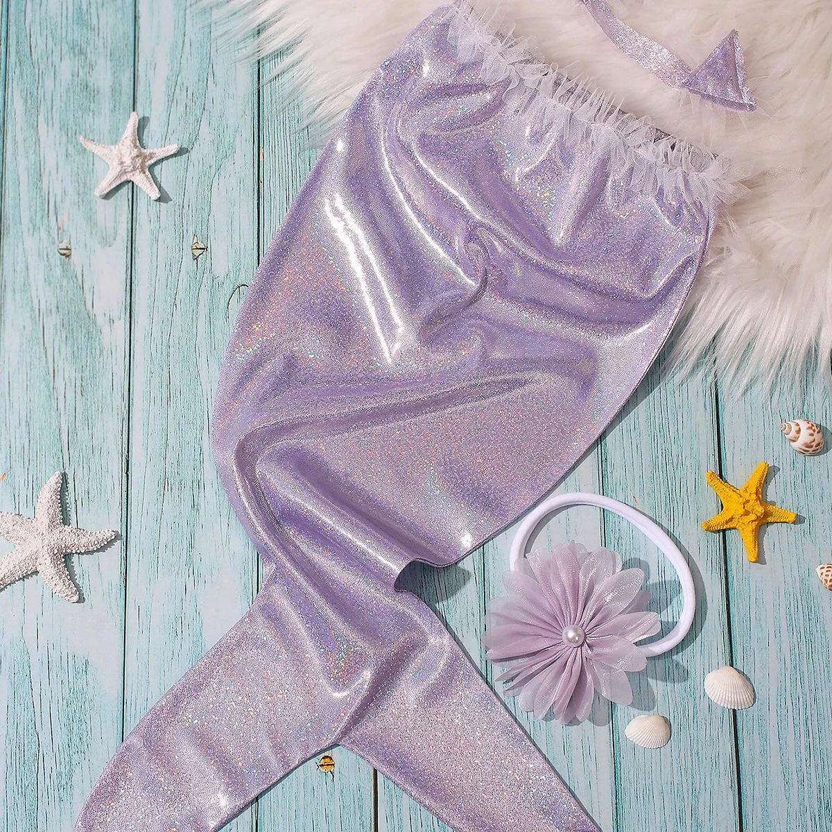 Ylsteed Newborn Photography Props Costume Lavender Mermaid Tail Outfit with Headband Baby 1 Month 100 Days Photo Shooting Props