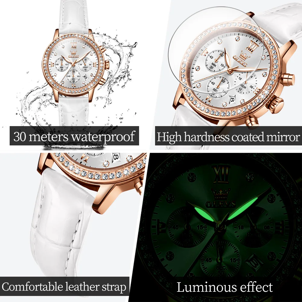 OLEVS 9933 Diamond Quartz Watch for Women Chronograph Waterproof Auto Date Wrist Clock Elegant Luxury Leather Strap Ladies Watch