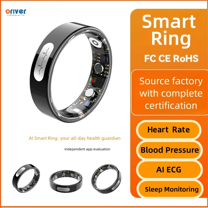 

AI ECG PPG Smart Ring with Blood Pressure Monitor, 5ATM Waterproof, Sleep Tracking, Long Battery,Step Counting, Stainless Steel