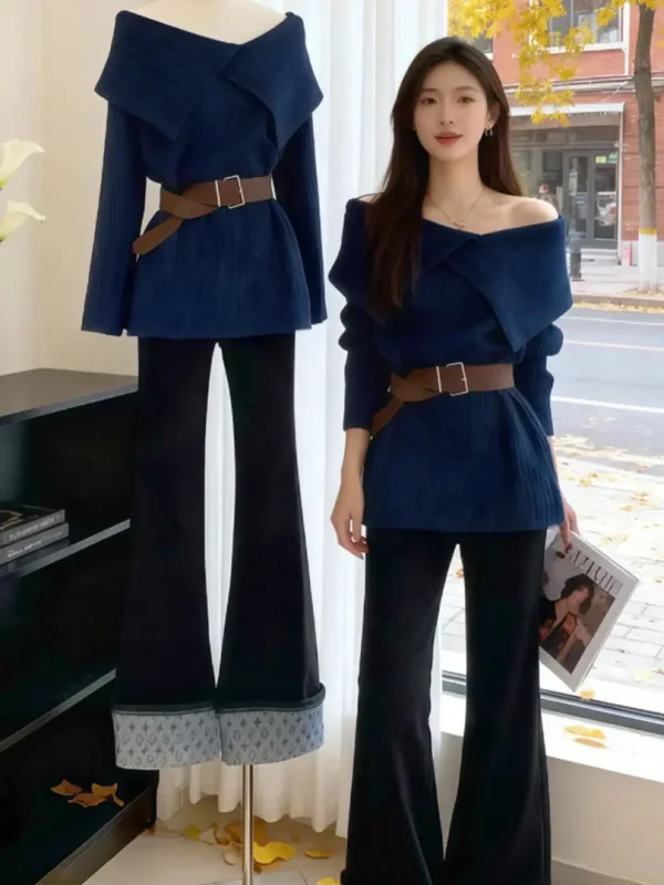 

Ladies' Knitted Sweater One-Shoulder Turn-down Collar Soft Style Lazy Fashion Mid-Length Autumn Winter New Arrival Top