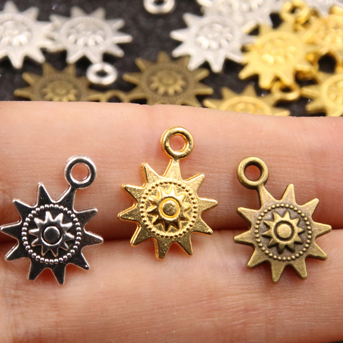 30PCS 3 Color 12X17mm New Product Alloy Double Sided Sun Charms For Jewelry Making DIY Handmade Small Steampunk Pendant