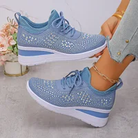 Women's Sneakers Shiny Rhinestone Wedge  Breathable Knit Non Slip Walking Shoes Woman Plus Size Fashion Thick Sole White Sneaker - Image 2