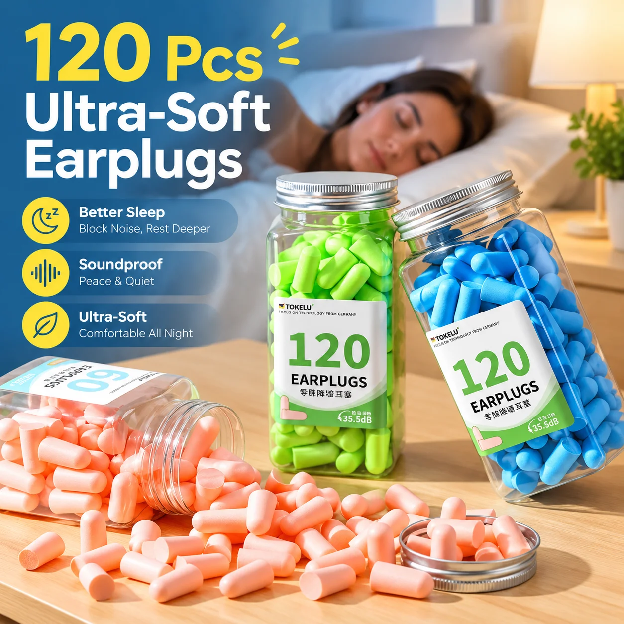 120 Pcs Ultra-Soft Noise-Canceling Earplugs for Sleep Snoring Soundproof Comfortable Ear Protection with 2 Storage Boxes