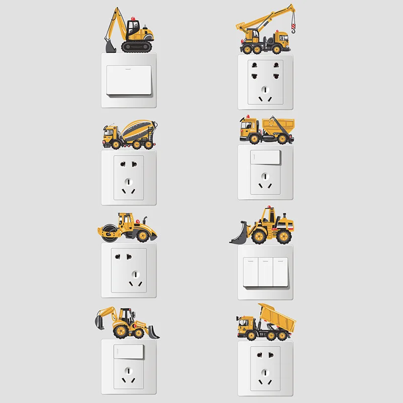 Cartoon Nordic Crane Excavator Tractor Switch Sticker Kid Baby Bedroom Decoration Self-adhesive Home Decor Child Wall Decals