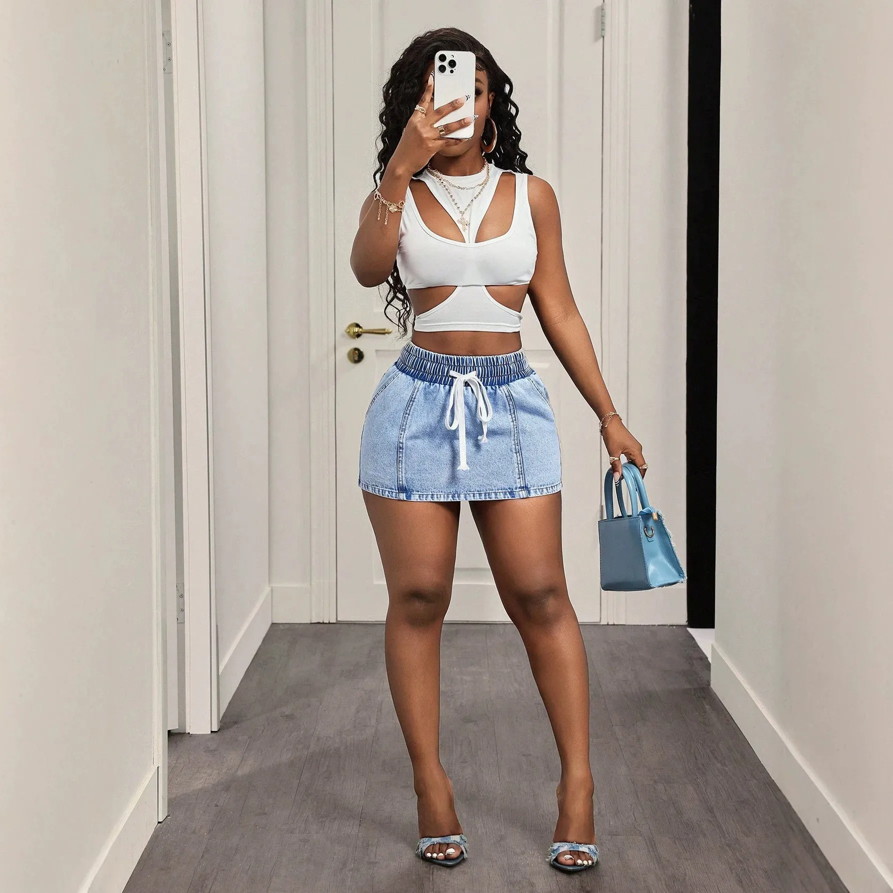 Casual Pockets Skirt Short a Line with Wrinkle Finish No Stretch Streetwear Summer Daily Wear Skirts for Women