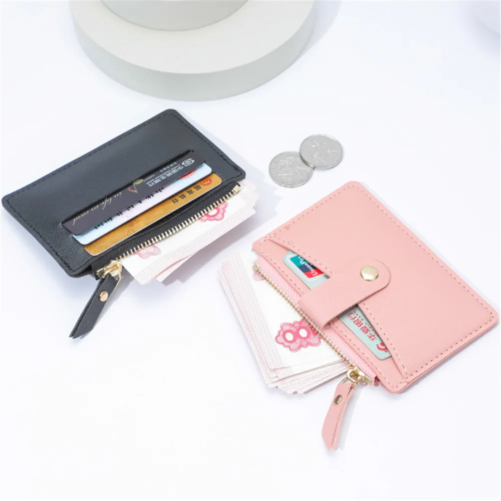 Fashion Mini Card Holder Wallet Coin Purse Card Case PU Leather 6 Color Zipper Coin Purse Pouch Card Holder Women Black Wallet