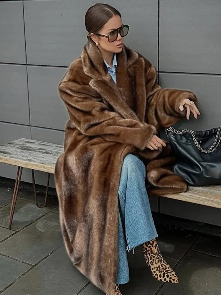 Moda cor misturada lapela gola casaco elegante manga cheia solta mulher longo casaco novo inverno senhora alta rua jaqueta de pele do falso