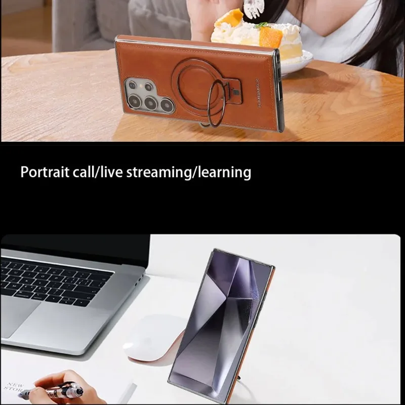 Business Premium Bracket Magnetyczne skórzane etui na telefon do Samsung Galaxy S24 S23 Ultra Plus Bumper Shockproof Plating Covers