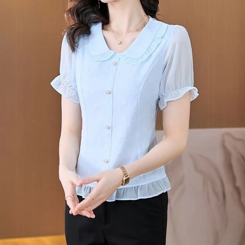 Temperament Pleated Blouse Summer New Short Sleeve Button Patchwork Solid All-match Shirt Tops Elegant Fashion Women Clothing