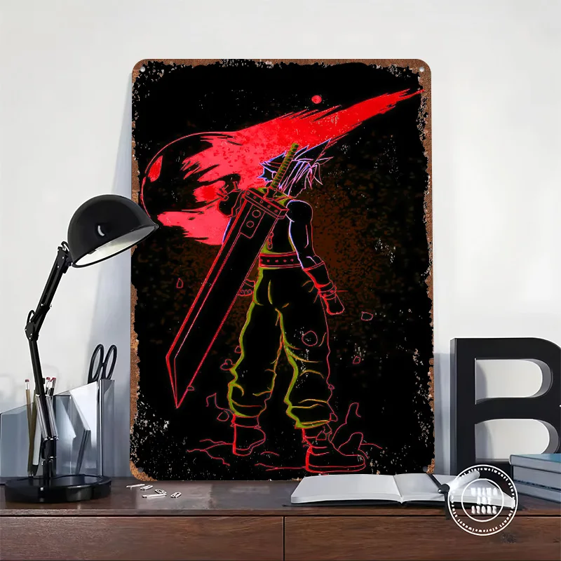 Cloud Strife Neon Meteor Poster Customized Vintage Metal Signs Wall Art Retro Tin Plaque for Home and Decoration Gaming House
