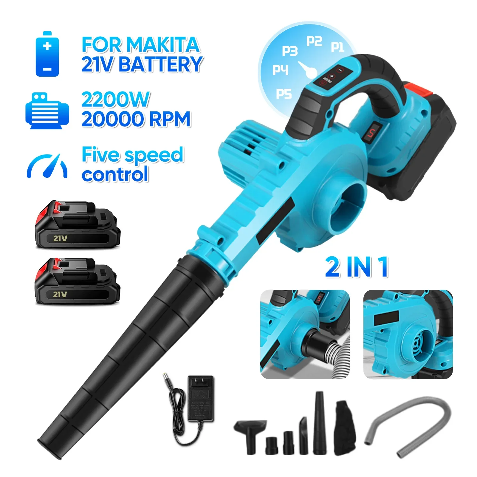 21V Cordless Electric Air Blower&Suction Leaf 2 in1 5 Speed Computer Dust Cleaner Collector Power Tools For Makita 18V Battery