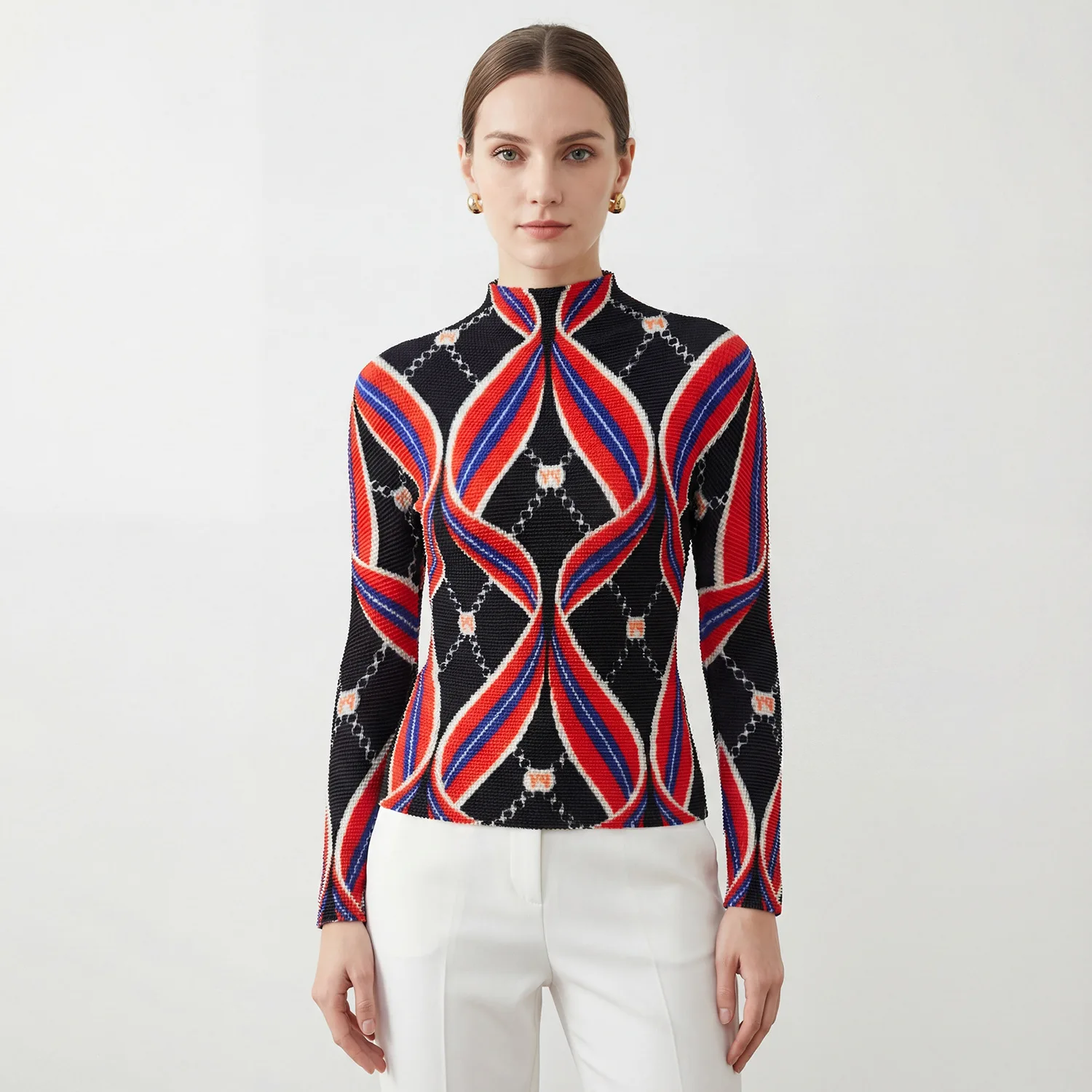 

Miyake Pleated 2026 Spring and Summer New Printed Pullover Top Women's Pleated Fashion Casual Temperament Slim Long Sleeve Top