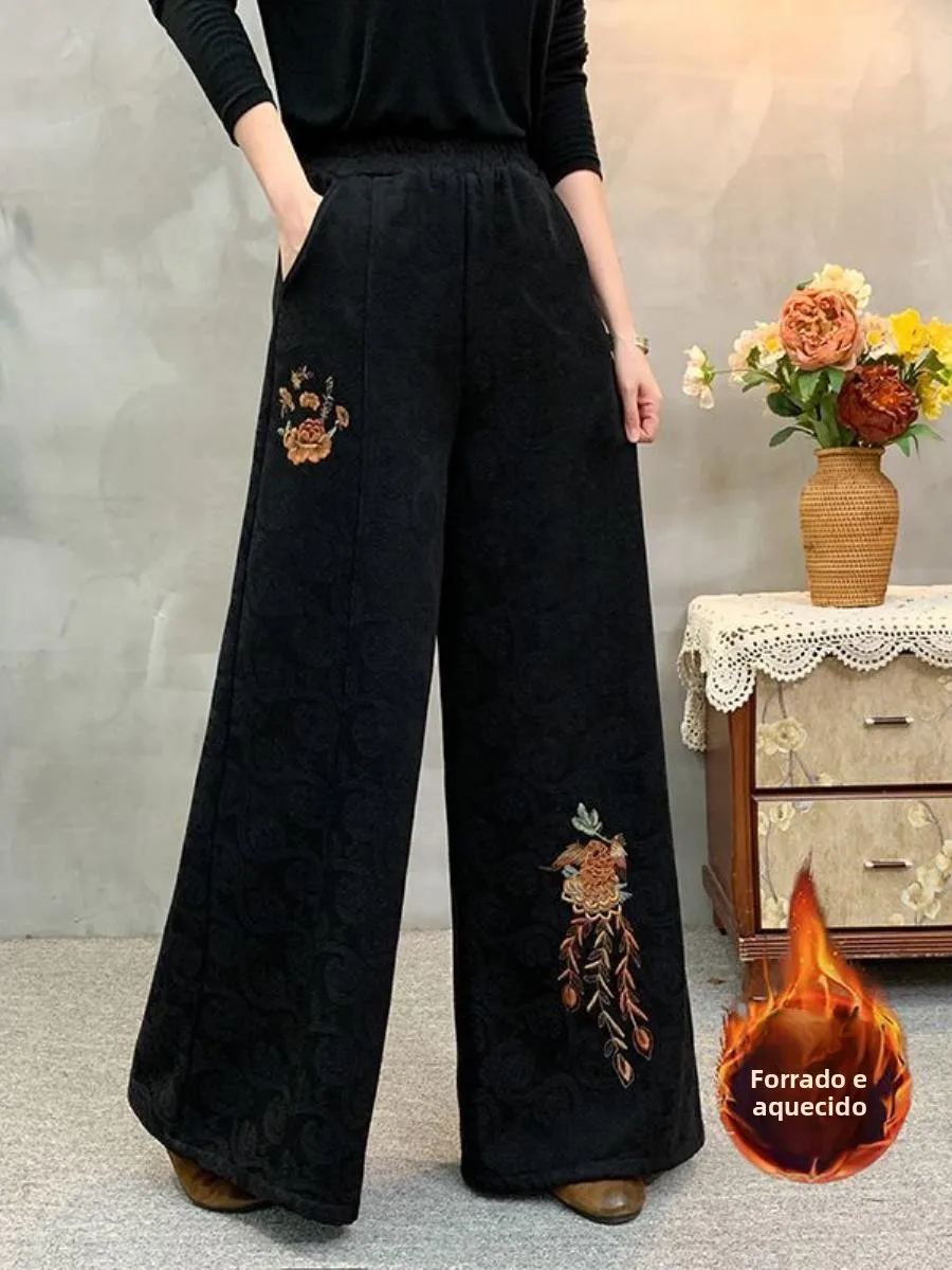 autumn-winter-ethnic-sle-wide-leg-pants-cotton-linen-embroidered-casual-loose-long-pants-women-tee-piece-set-faionable
