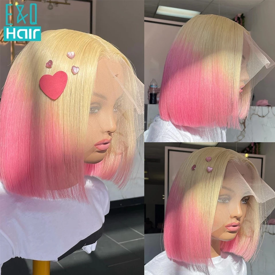 

613 Colored Pink Short Bob Wigs For Women Human Hair 13x4 Lace Frontal Wig Straight Bob Wig Transparent Brazilian Hair 180%