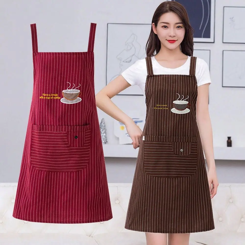 Fashionable Cotton Women Overall Apron Sleeveless Anti oil Kitchen Aprons Simple Stripe Watching Cooking Coffee House Aprons