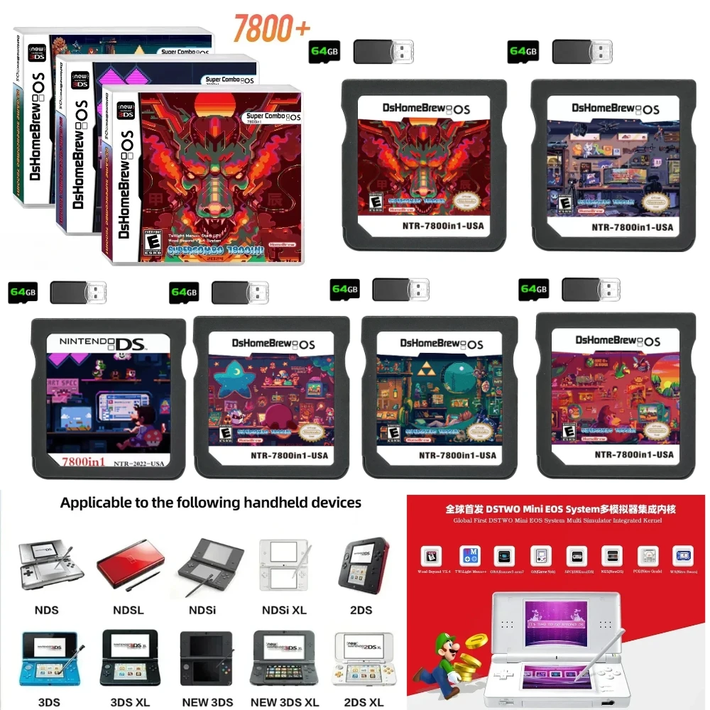 Nieuwe DS Card 7800 in 1 Cartridge Multi voor NDS NDSL NDSi 3DS 2DS Lite Engels met Simulator Game GBA NES Pce Roms Console Tool