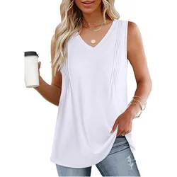 Womens Summer Pleated Tank Tops for Women 2024 Loose Fit V Neck Sleeveless Tops Flowy