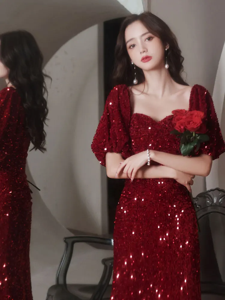 Ele Sequin Evening Gown Women's 2023 New Sle Banquet High-end Luxury Host High Waist Velvet ort Sve Long Dr