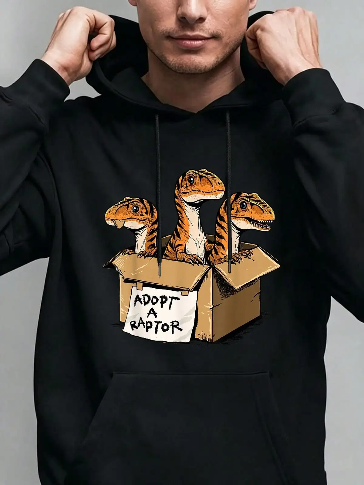 Mens Casual Simple Drawstring Hoodies, Adopt A Raptor Print, Long Sleeve Sweatshirt Pullover With Pocket
