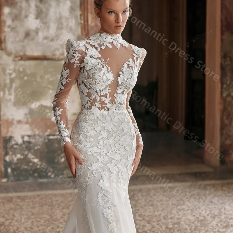 

Романтическое кружевное свадебное платье по индивидуальному заказу с высоким воротом, Русалка, 2024, платье невесты с открытой спиной для женщин, Vestido De Noiva