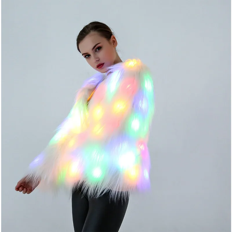 Autumn Winter Fluffy Faux Fur Coat LED Color Lights Cosplay Costume Christmas Halloween Outfit Nightclub Attire Performance Wear