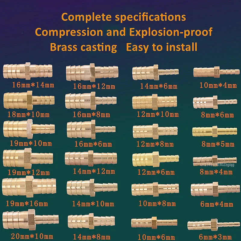 Brass Straight Mangueira Barb Barbed Pipe Fitting, Redutor Cobre Acoplador, Conector Adaptador, 2 Way Reducing, 3-25mm, 6mm, 4mm, 8mm, 10mm