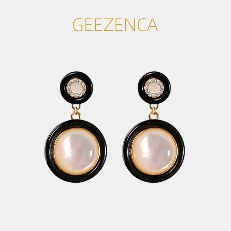 

GEEZENCA 925 Silver Onyx White Mother of Pearl Women's Earrings Black Agate Round Geometric Fashion Dangle Earring Party Gift