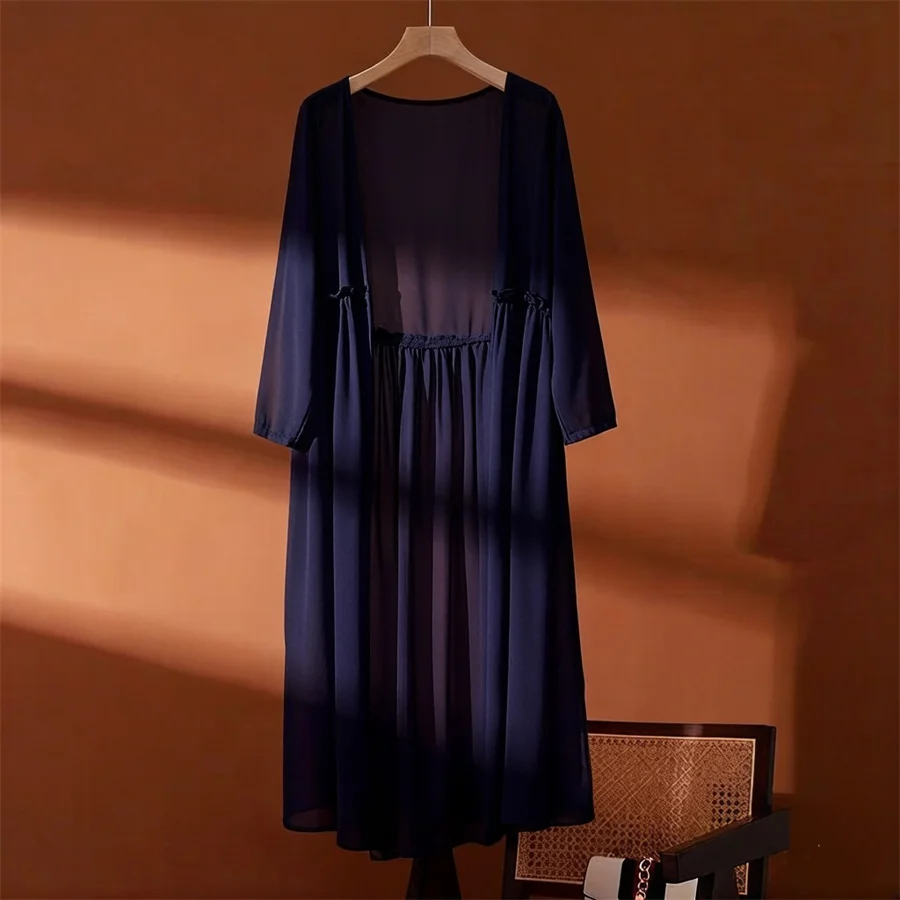 Cardigã Longo Feminino de Chiffon Estilo Coreano para Primavera e Verão, Proteção Solar, Casaco Feminino, Jaqueta, Xale