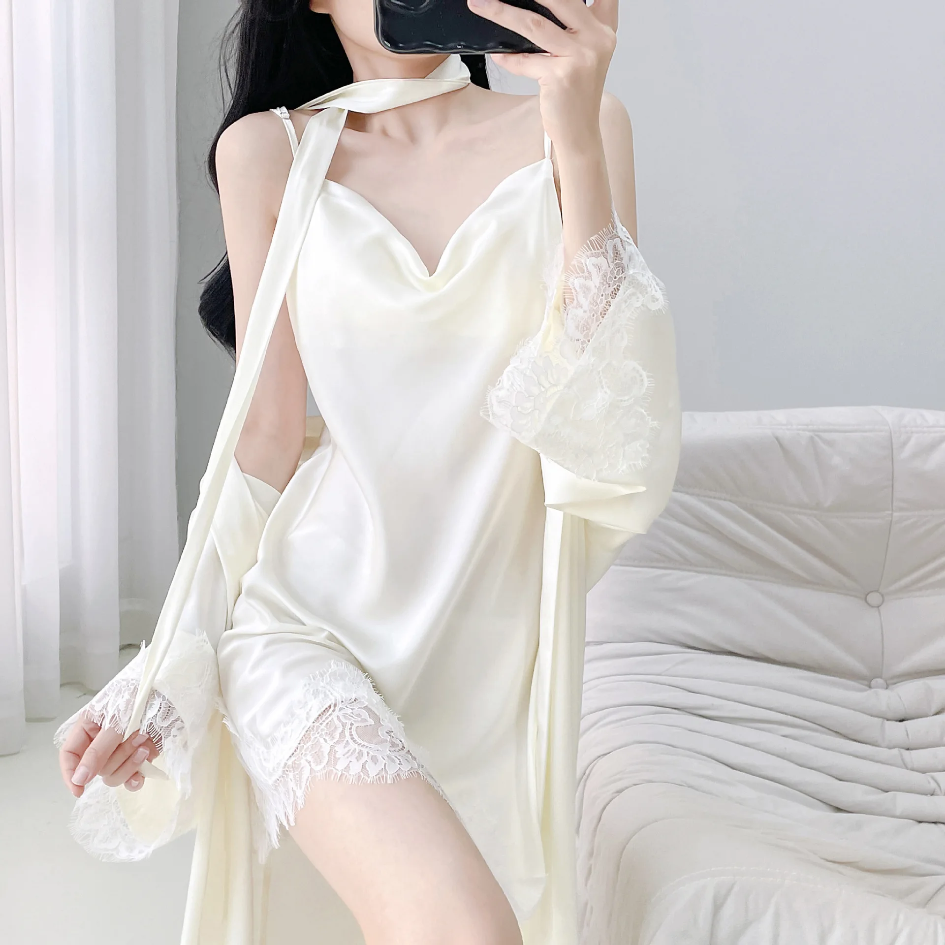 

Женская ночная рубашка и халат, комплект одежды для сна, новый летний халат, ночная рубашка, сексуальная кружевная ночная рубашка на подтяжках, домашний халат, ночная рубашка из искусственного шелка