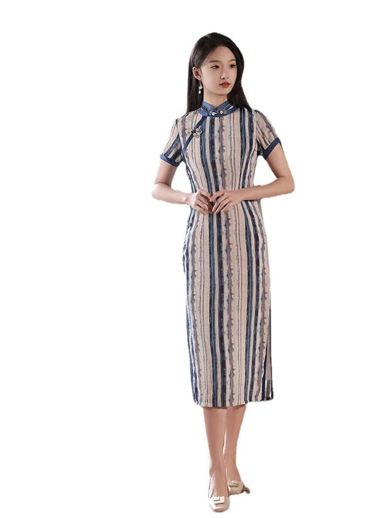 Women Short Sleeve Button Cheongsam Chinese Traditional Slim Costume Long Cotton Linen Qipao