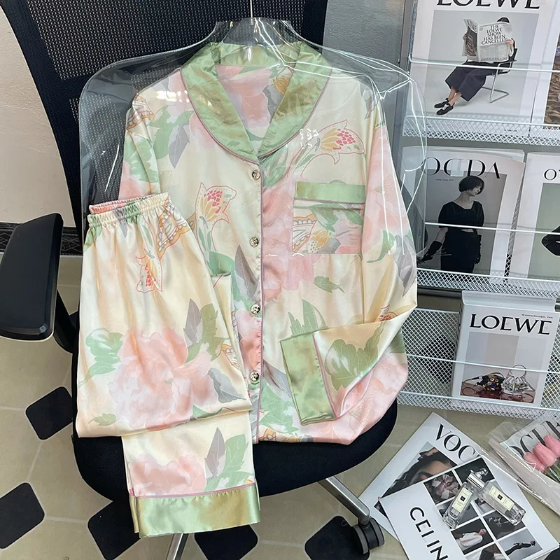 Leisure Spring and Summer New Ice Silk Pajamas, Sweet Printed Long Sleeve Pants, Silk Home Suit Floral Silk Pajama Set for Women