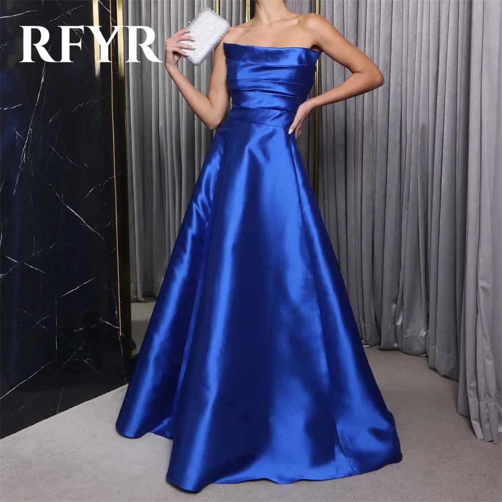 

RFYR Simple Blue A-Line Formal Dress Sleeveless Stain Pleat Party Dress For Wedding Strapless Special Occasion Dress robe soirée