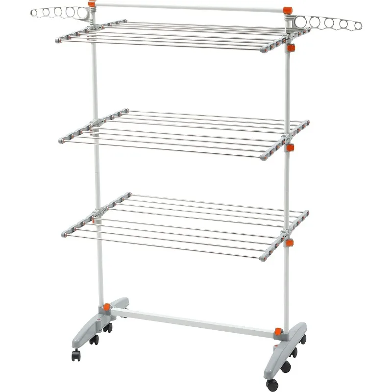 

BDP-V23 Foldable Rolling 3-Tier Clothes Laundry Drying Rack with Stainless Steel Hanging Rods, Collapsible Shelves