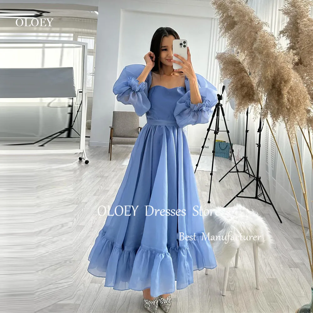 OLOEY Vintage Blue Silk Organza Evening Party Dresses Girls Birthday Puff Long Sleeves Sweetheart Prom Birthday Dress Party Gown