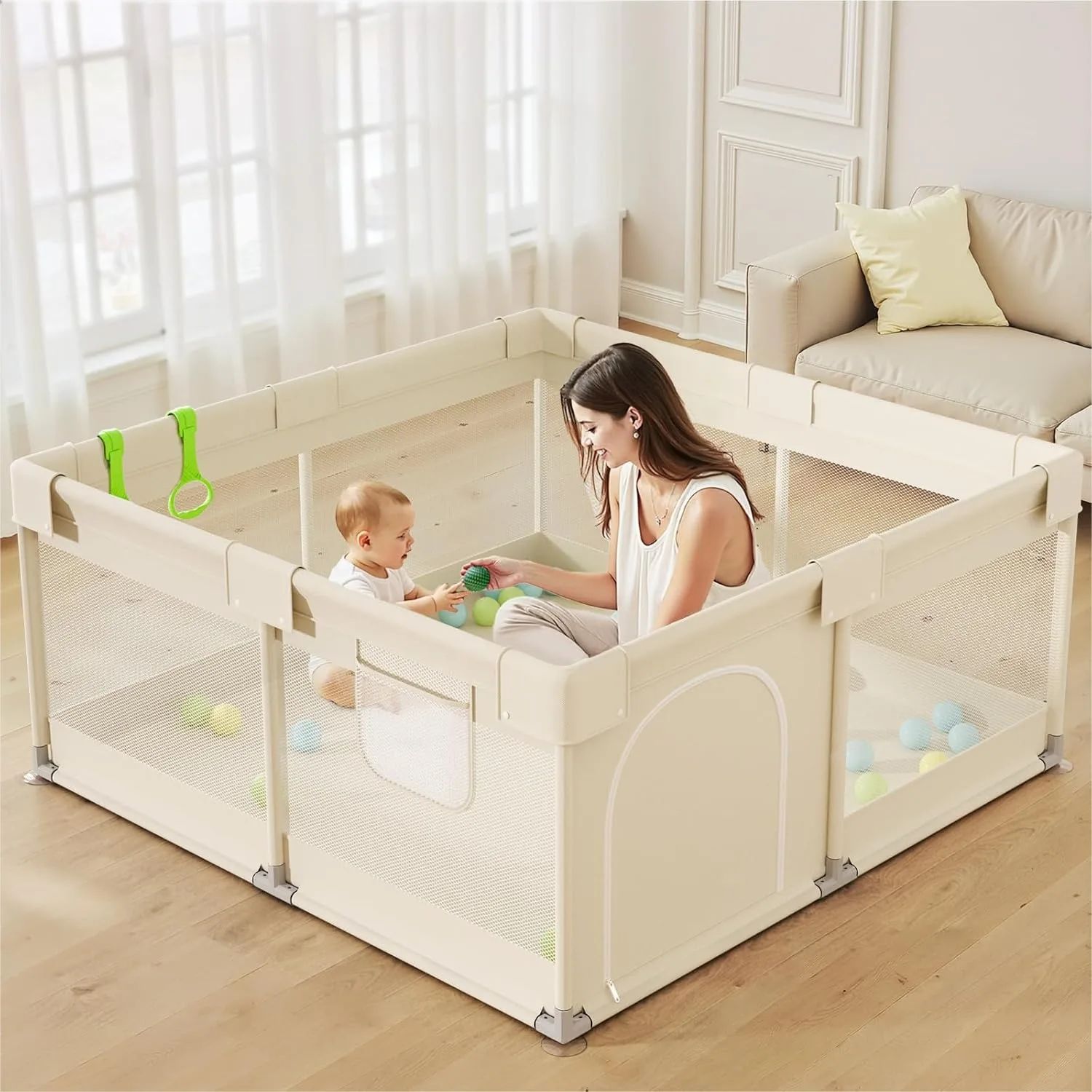 

Baby Playpen 47x47in for Babies and Toddlers, Safe Indoor Play Pen with Storage Bag and Breathable Mesh, Beige