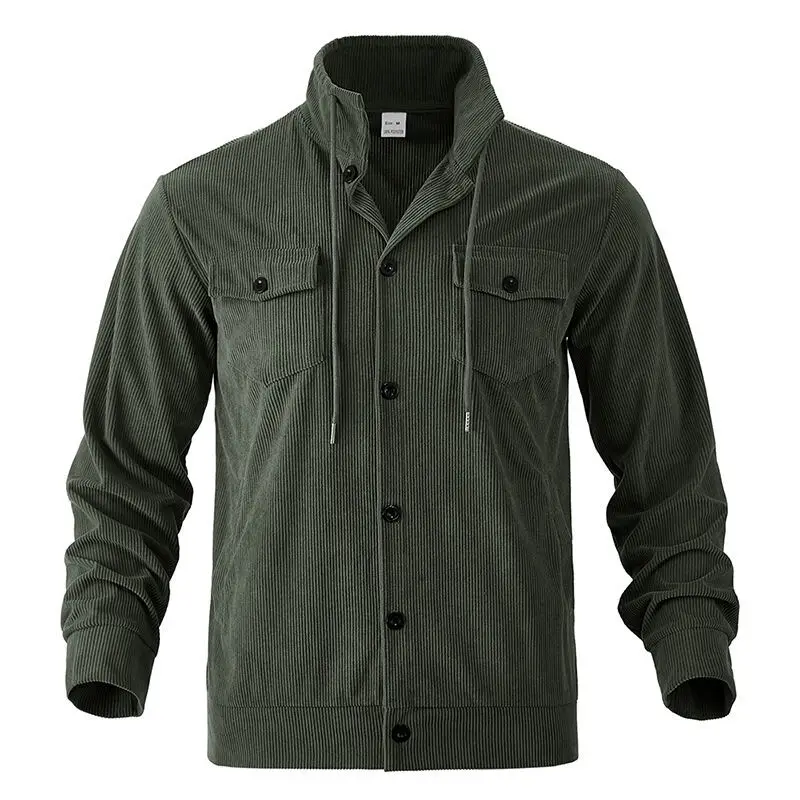 Men Multi Pocket Corduroy Casual Jacket, New Fall Minimal Versatile Stand Collar Long Sleeve Outerwear Daily Outdoor Office Tops