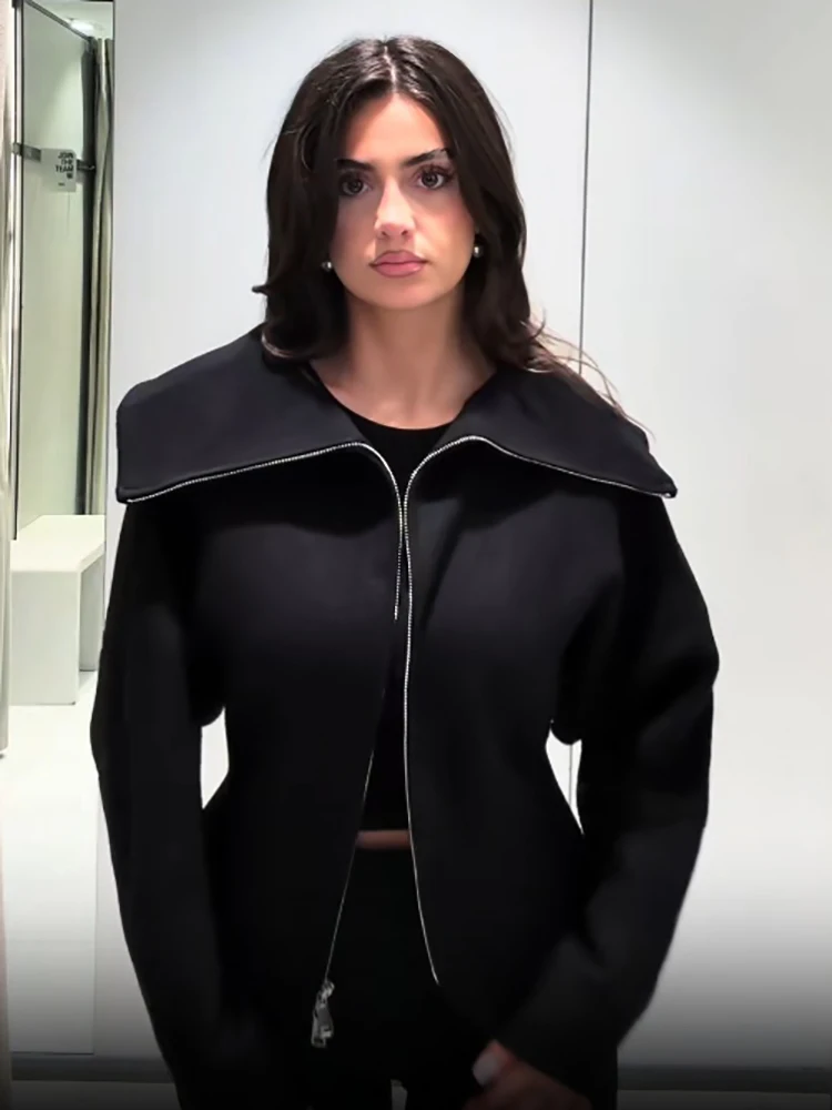 Chic Big Lapel Collar Double Zip Jacket Lady Elegant Cinched Waist Full Sleeve Solid Outerwear New Fall Daily Street Office Wear