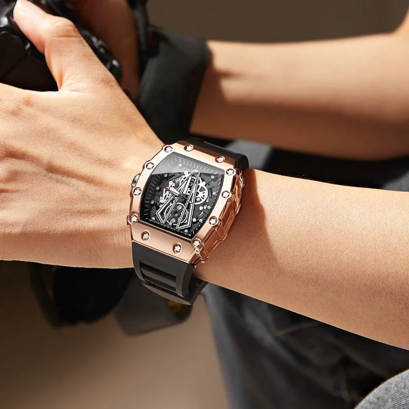 Luxury Watch Men's Fashion Casual Multifunctional Wine Barrel Silicone Tape Waterproof Quartz Watch Luminous Montre Homme
