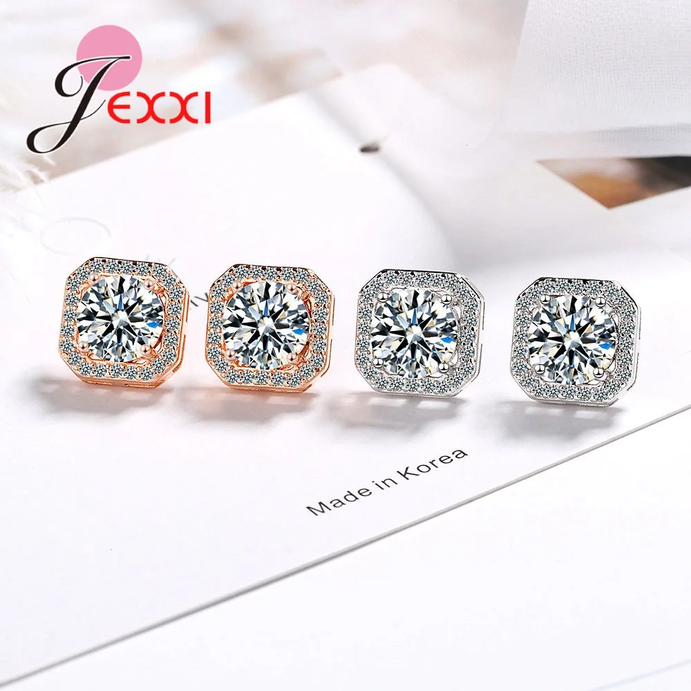 Shining Austrian CZ Crystal Claw Setting Stud Earrings for Women 925 Sterling Silver Princess Cut Square Stone Brincos Jewelry