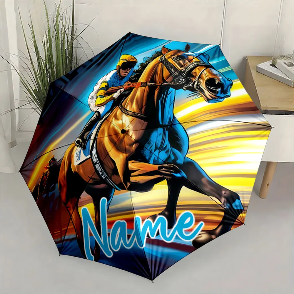 Custom Name Horse Racing Themed Umbrella Design Print 8 Iron Ribs Folding Umbrella, Auto-Open Fashion Sunshade