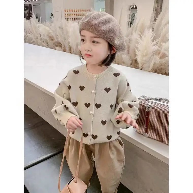 Girls Knitted Cardigan Sweater Spring Autumn Long-sleeved Coat Loose and Fashionable Love Jacquard Design Simple Children\'s Top