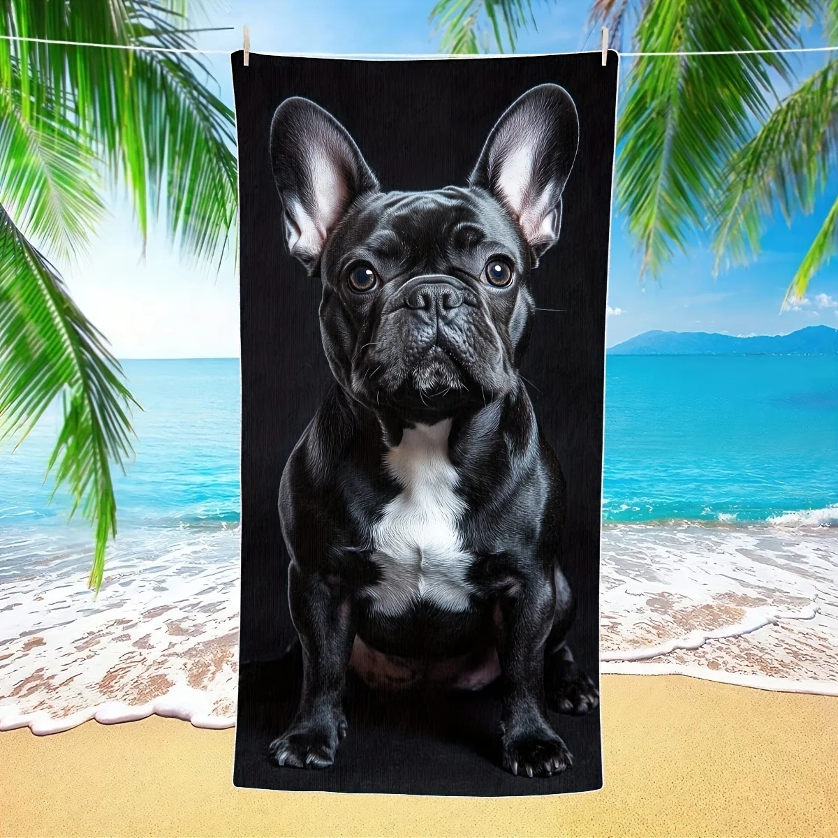 Realistic Black French Bulldog Portrait Print Quick Dry Beach Towel Soft Microfiber Pool Towel For Summer Travel Vacation