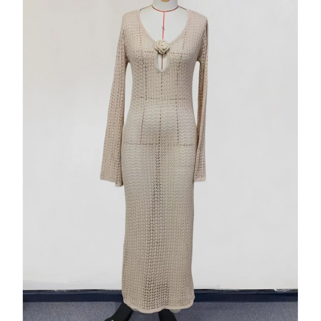 3D-Blumen-V-Ausschnitt, langärmeliges, gehäkeltes, gestricktes Tunika-Strandkleid, Strandkleid, Strandmode, Damen V5852 – Detail 21