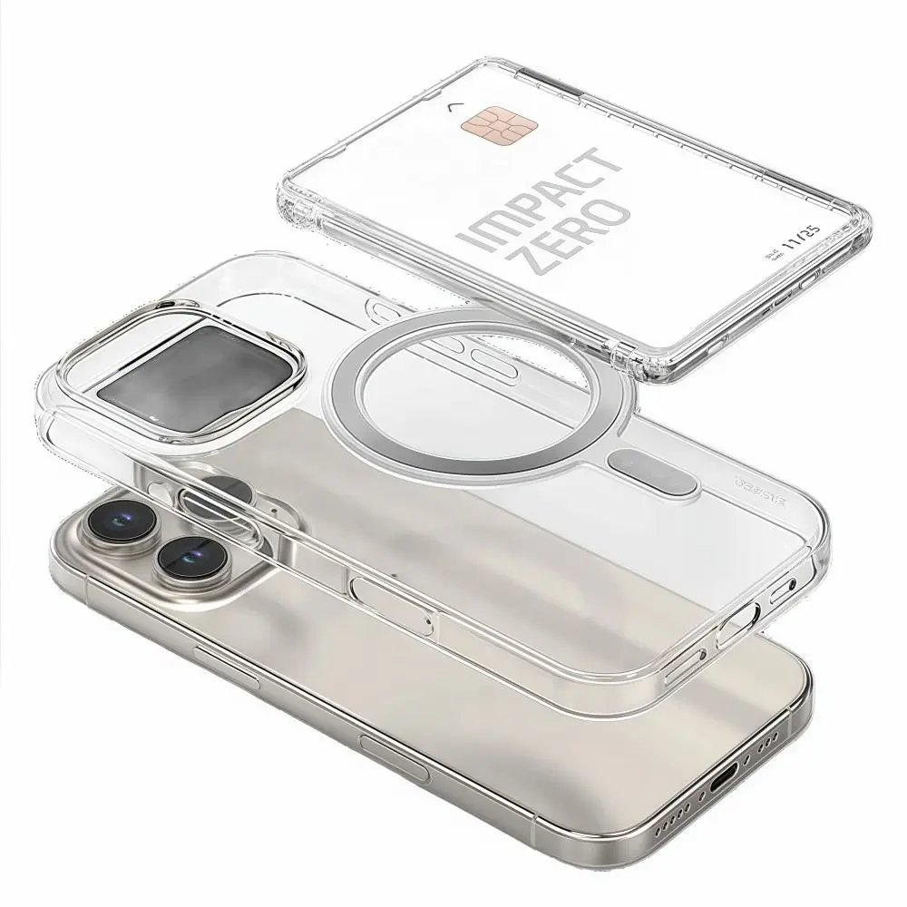 

Прозрачный чехол для карт MagSafe с защитой от ударов, 2 слота для карт, магнитная подставка, съемный держатель для карт для iPhone 17/16/15/14/13/12