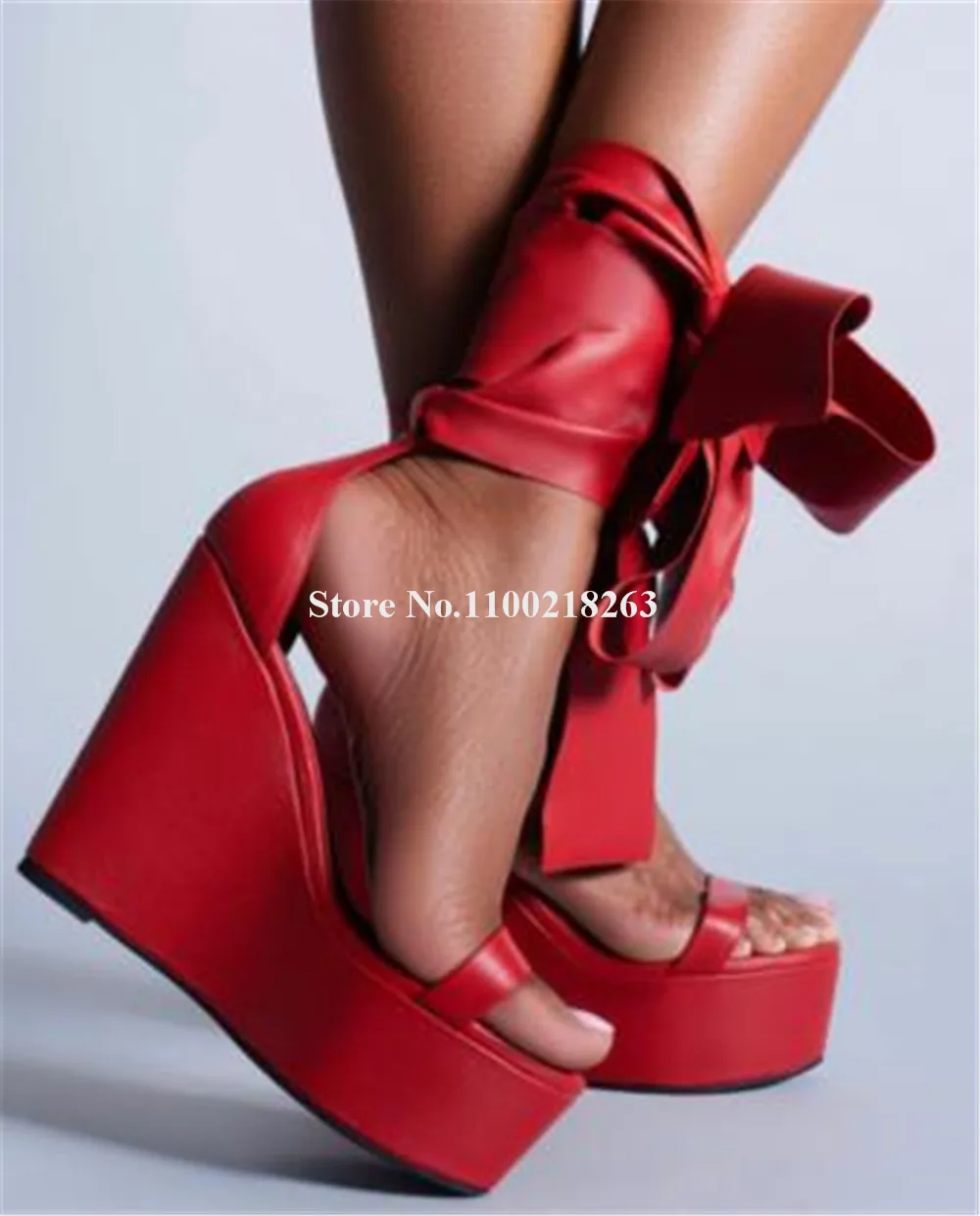 

Ankle Strappy Big Bowtie Wedge Sandals Fashion Open Toe High Platform Red Beige Black Matte Leather Wedges Party Dress Shoes