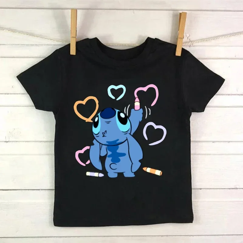 Camiseta infantil fofa de desenho animado, costura, camiseta infantil can o stitch, camiseta com padrão de anime, tops para meninas e meninos 2024 novo