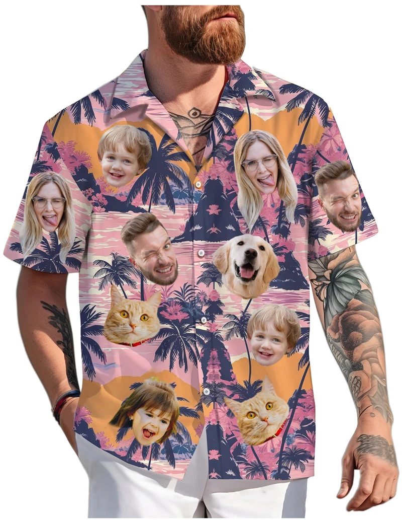 Custom Adult Kid Pet Face Hawaiian Shirts Summer Fashion Short Sleeve Personalized 3D Printed Shirt Loose Breathable DIY Blouses
